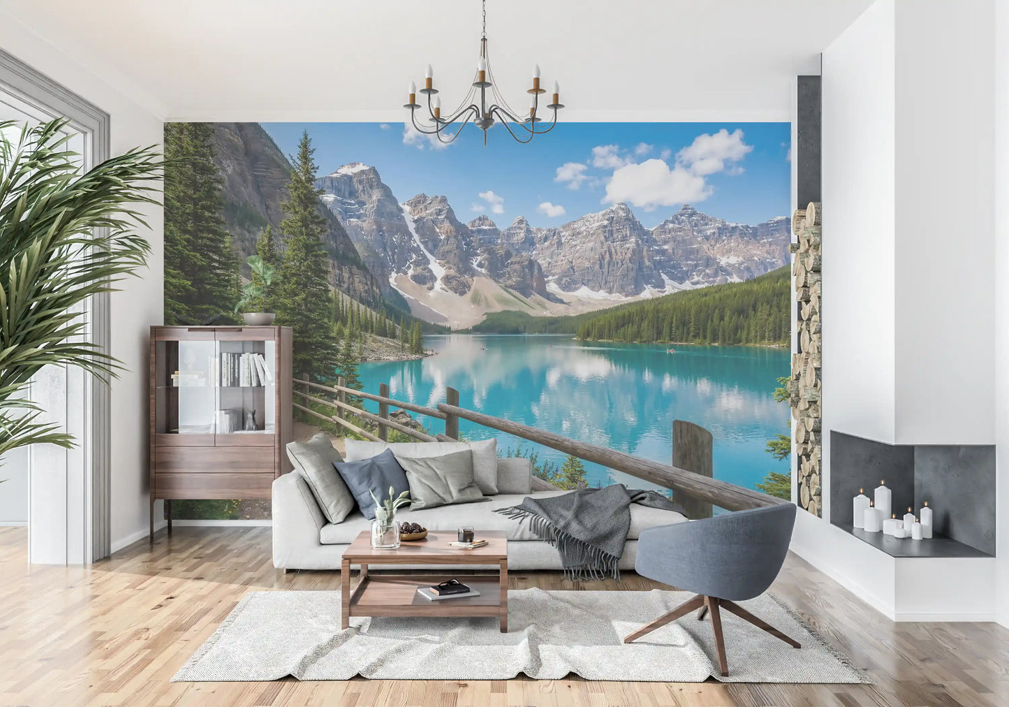 Peaks wall mural in a hallway  with soft neutral bedding