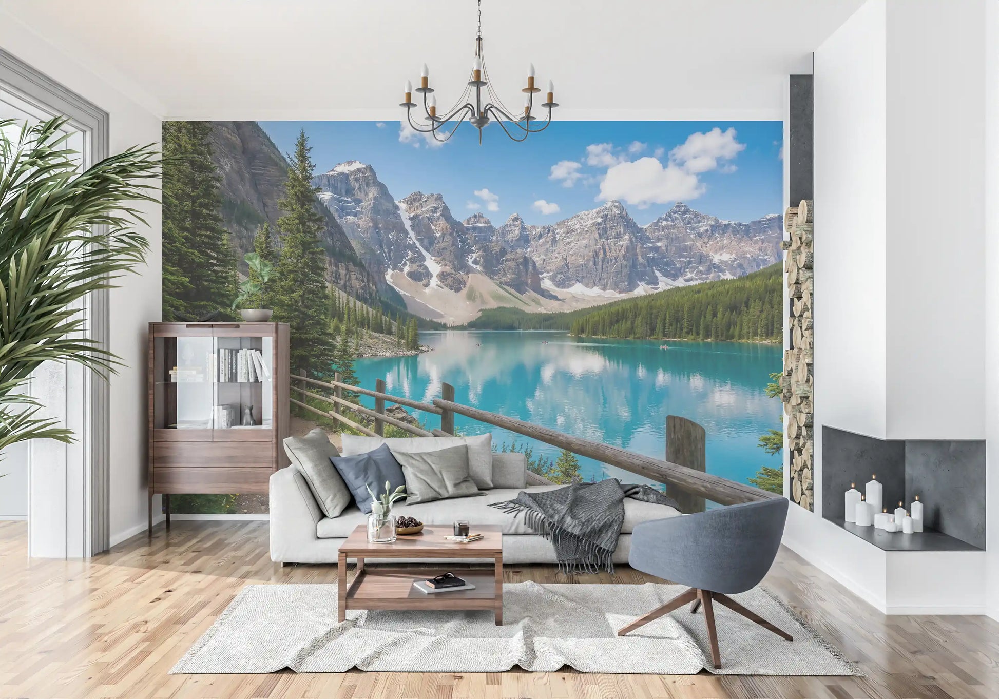 Peaks wall mural in a hallway  with soft neutral bedding