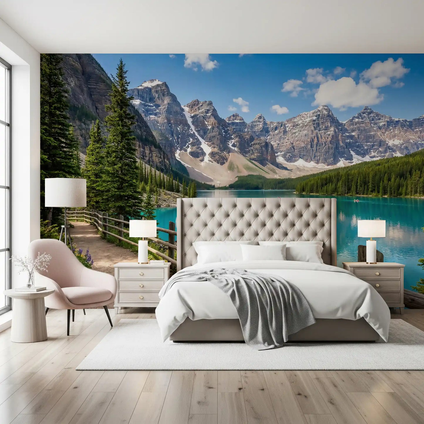 Peaks Trail wall mural in a bedroom with layered natural textures