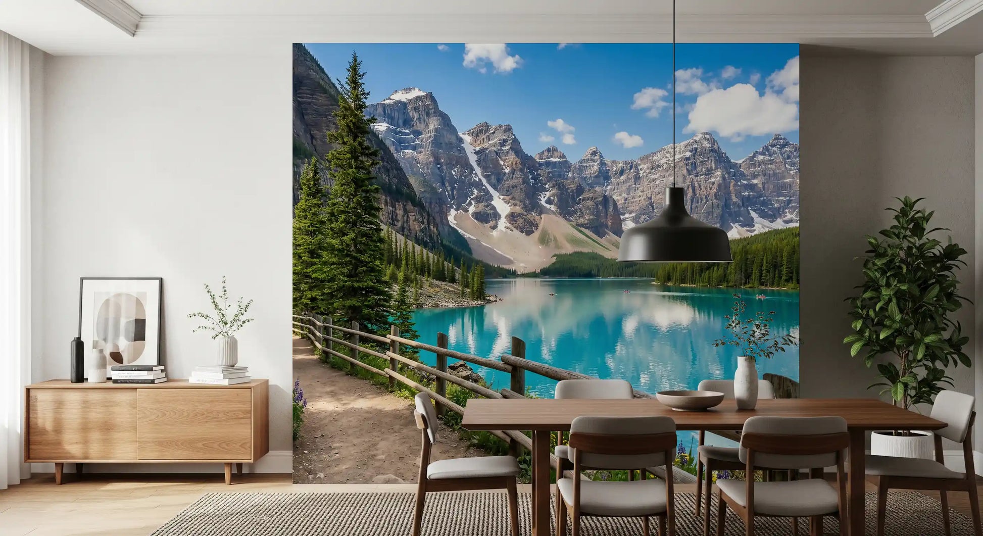 Trail wall mural in a Dining room with simple wood 