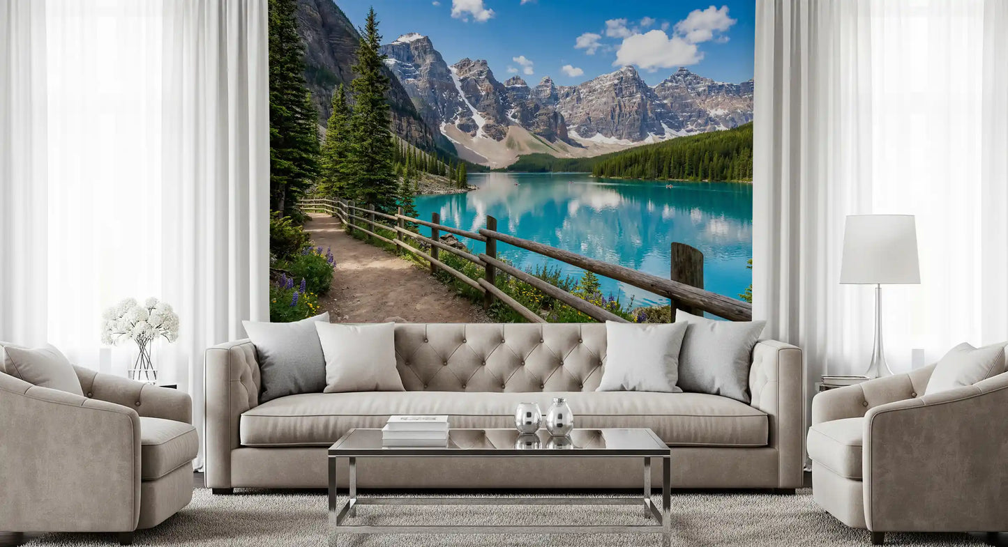 Peaks Trail wall mural behind a bed in a calm mountain-style bedroom