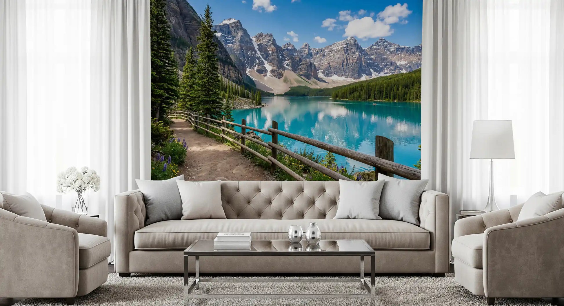 Peaks Trail wall mural behind a bed in a calm mountain-style bedroom