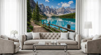 Peaks Trail wall mural behind a bed in a calm mountain-style bedroom