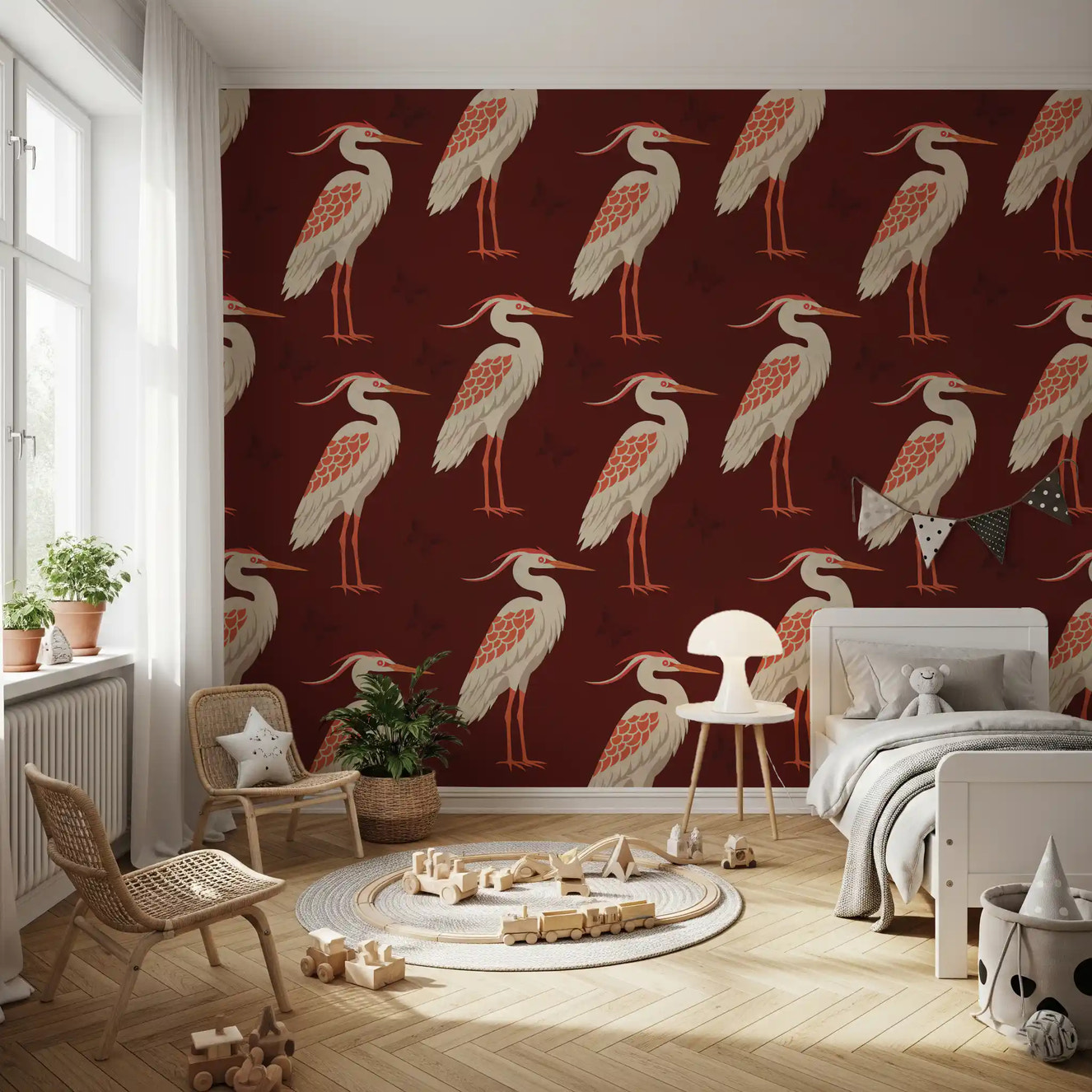Burgundy Heron & Butterflies Wall Mural
