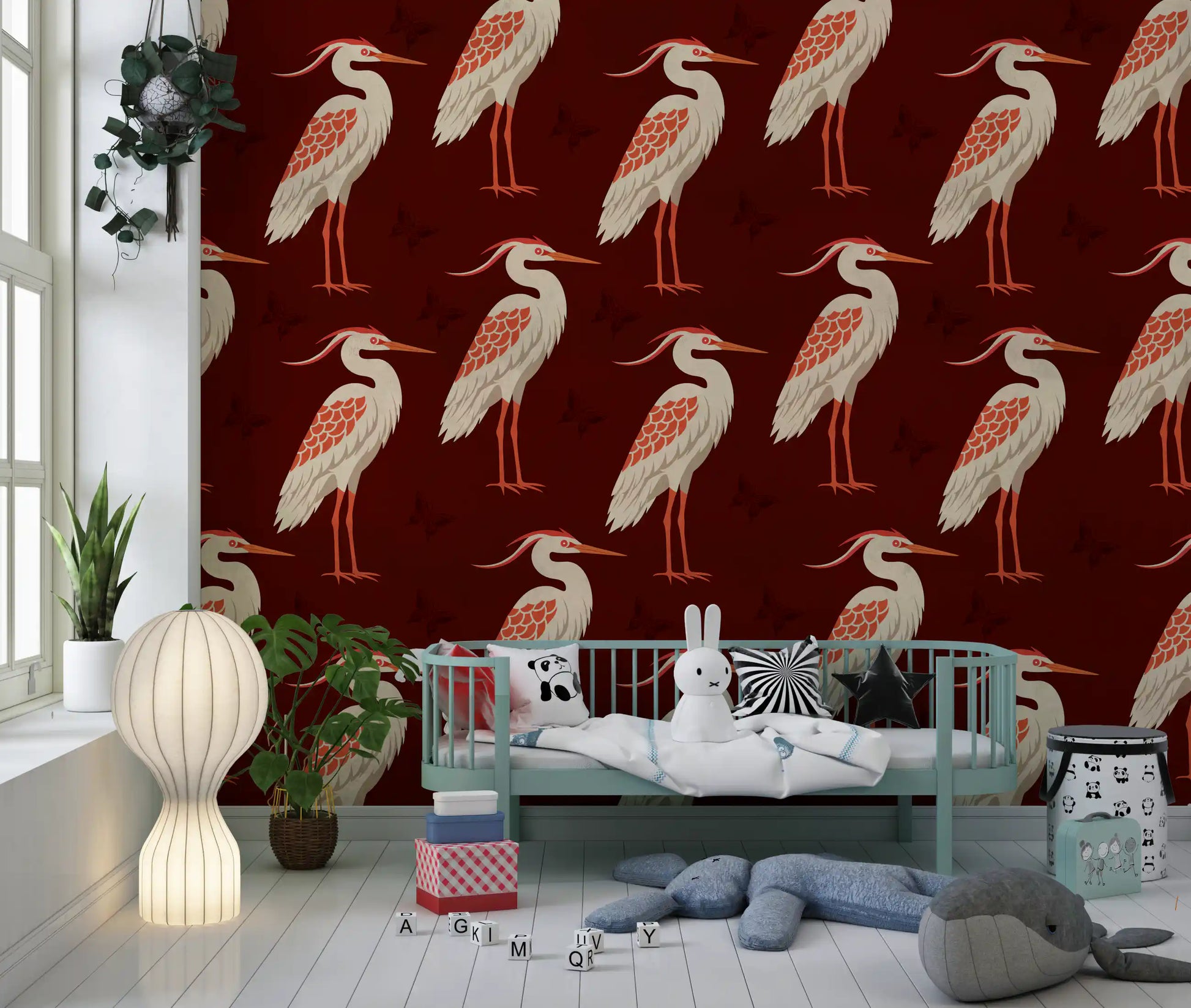 Burgundy Butterflies wall mural creating contrast in a stylish nursery