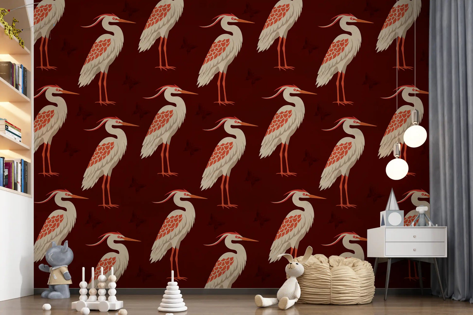 Heron & Butterflies wall mural styled for a modern play room 