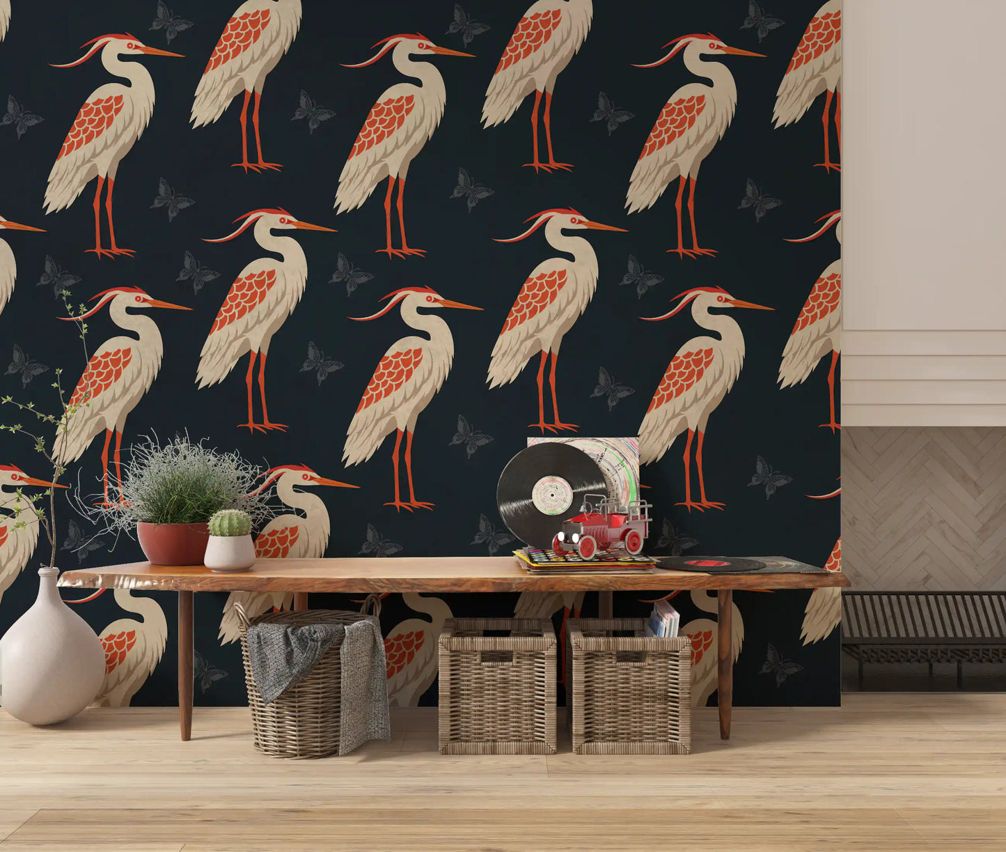 Navy Heron & Butterflies Wall Mural