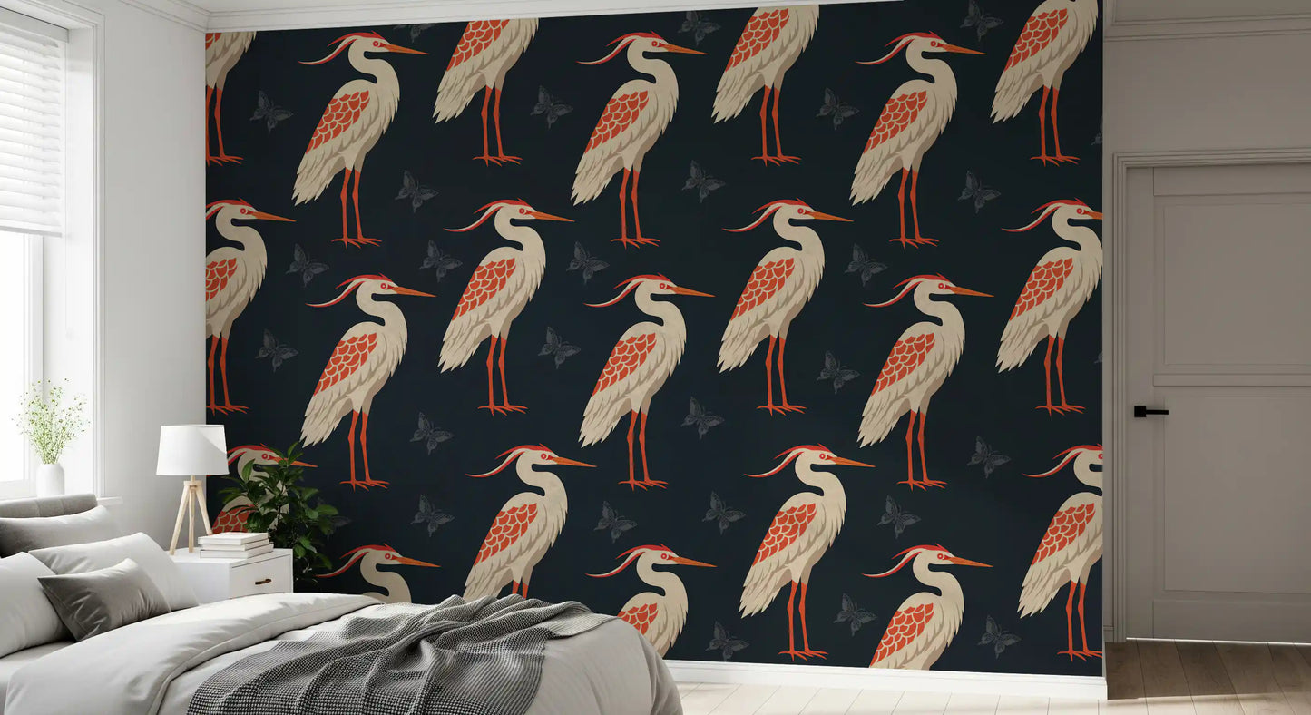 Navy Heron & Butterflies Wall Mural
