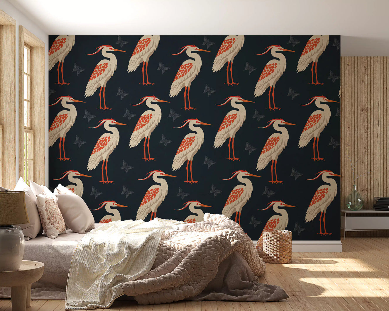 Heron butterflies wall mural in an elegant bedroom