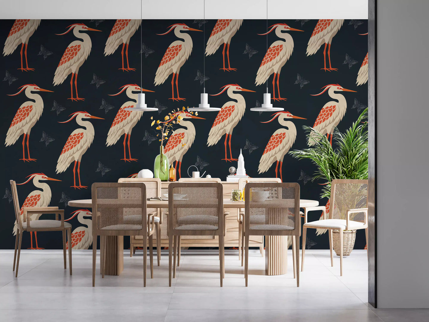 Navy Heron & Butterflies Wall Mural