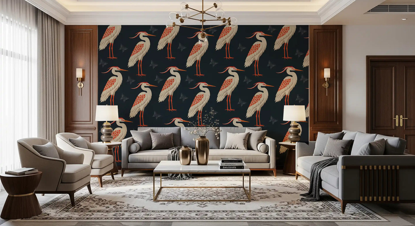 Navy Heron & Butterflies Wall Mural