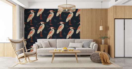 Navy heron wall mural in a moody Living room