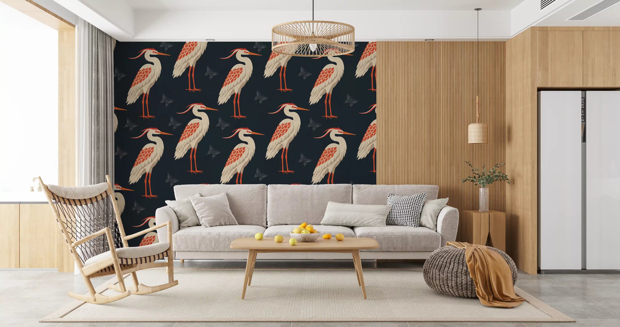 Navy heron wall mural in a moody Living room