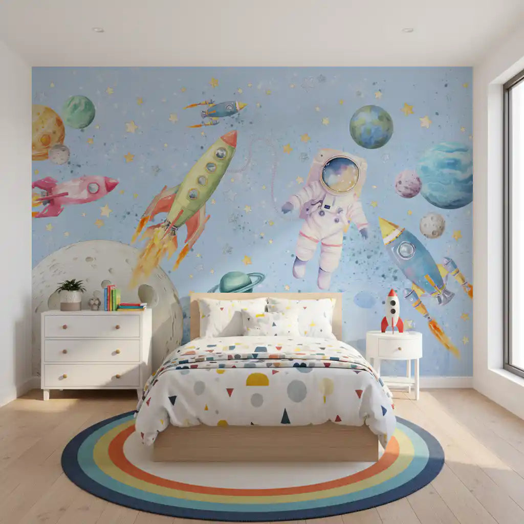 Watercolor Space Adventure Light Blue Wall Mural
