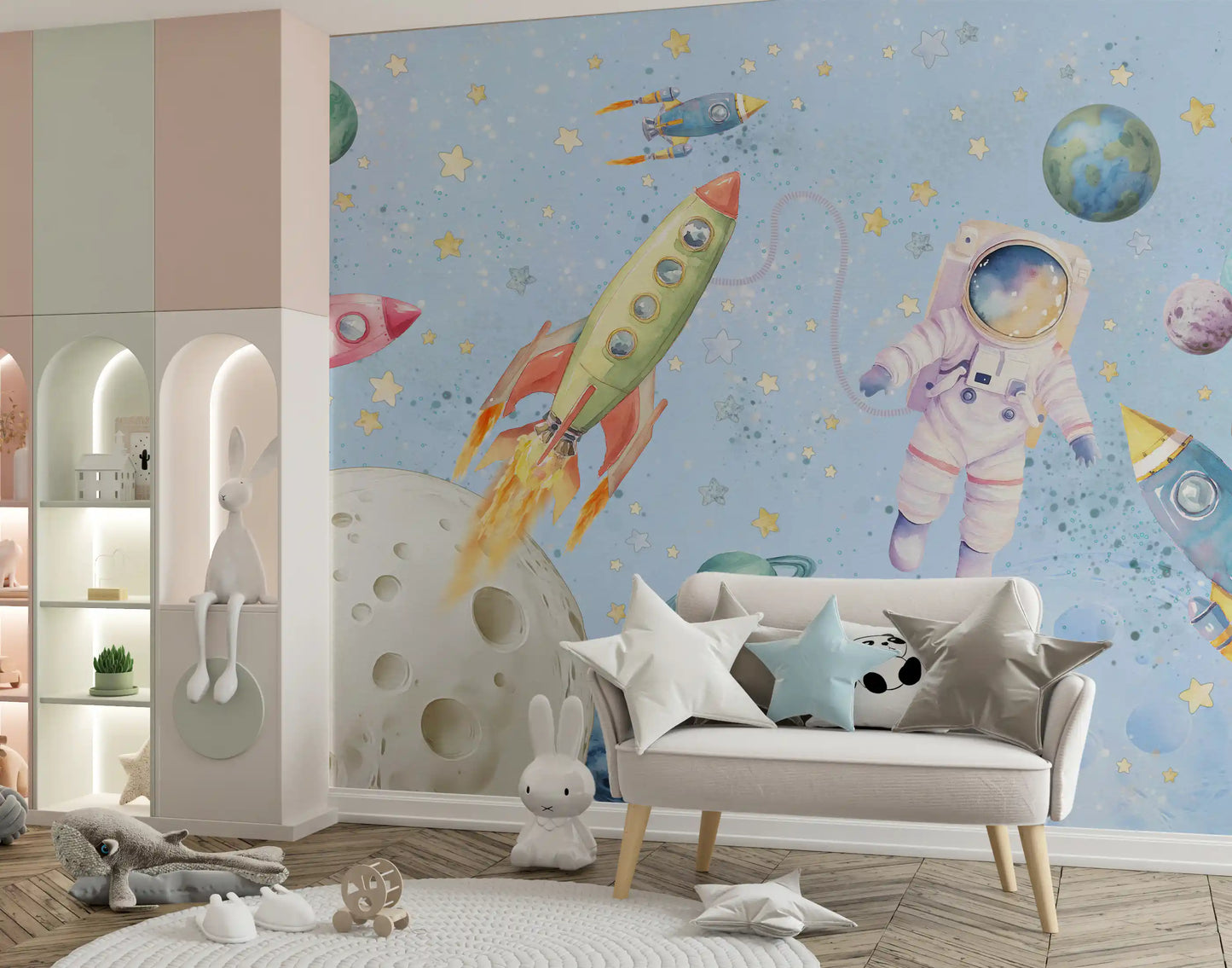 Watercolor Space Adventure Light Blue Wall Mural
