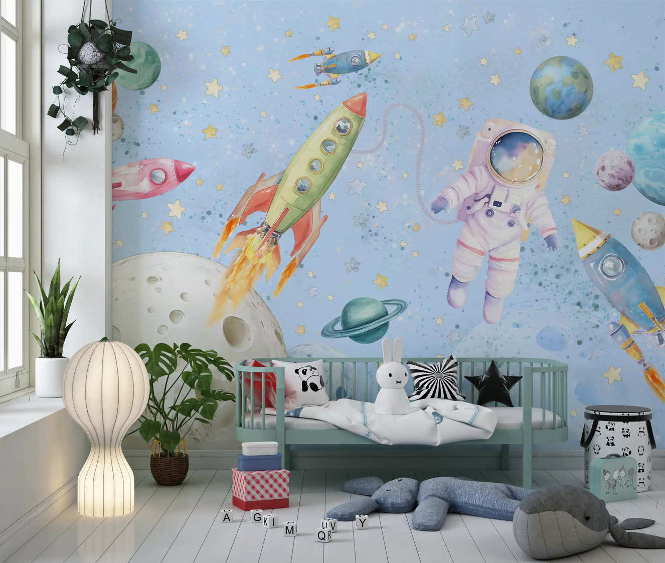 Watercolor Space Adventure Light Blue Wall Mural