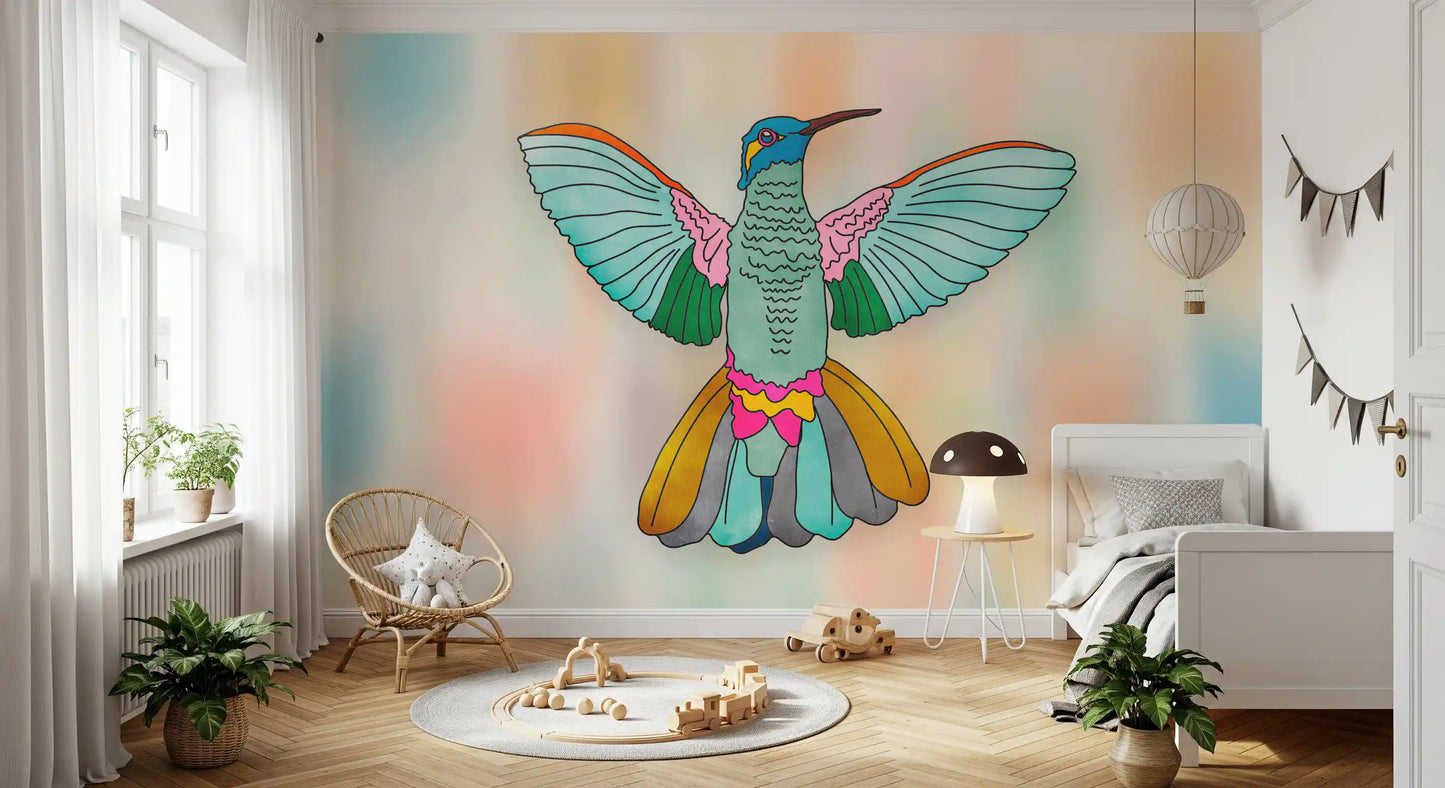 Rainbow Hummingbird wall mural in a pastel nursery