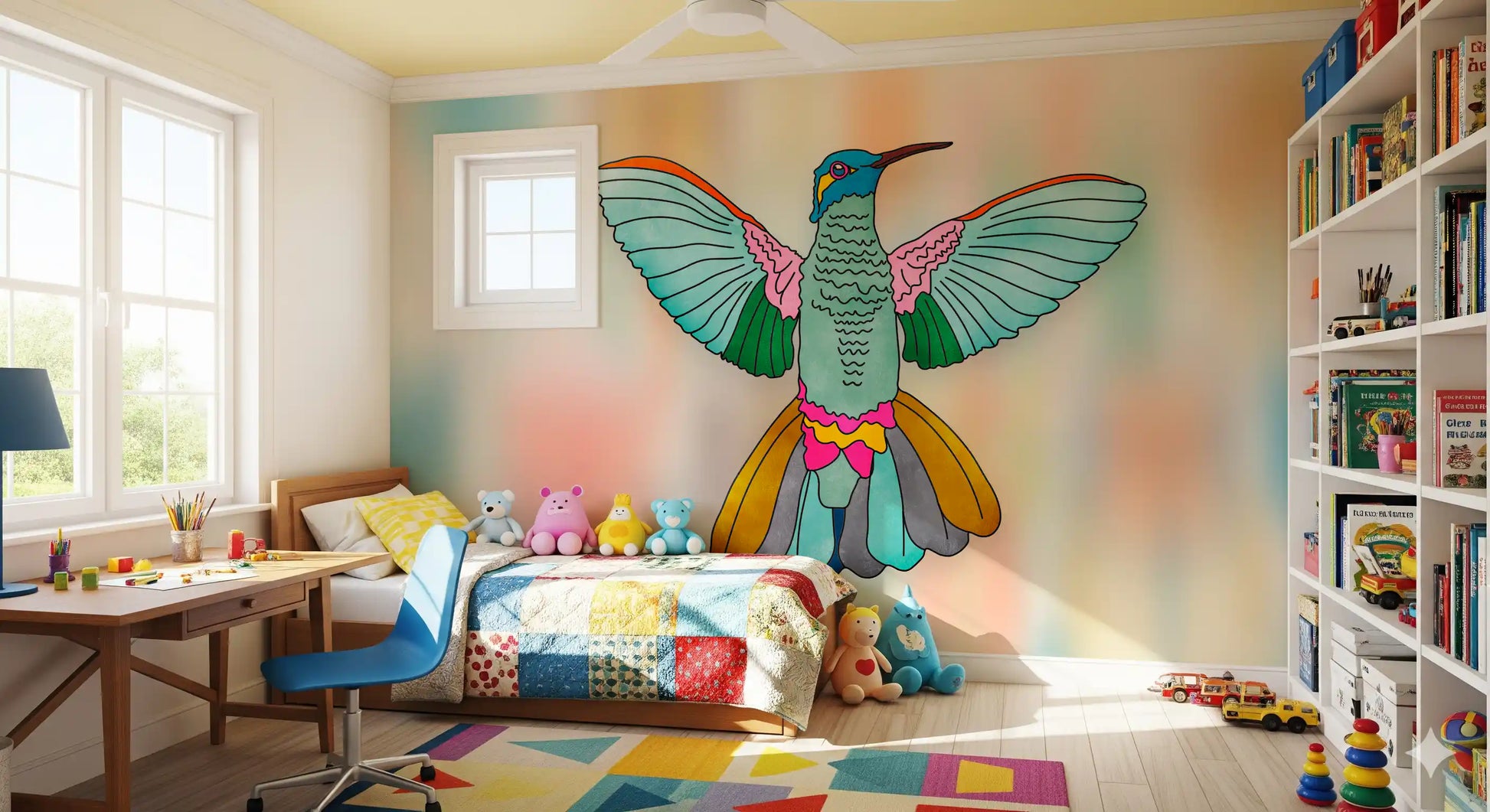 Rainbow Hummingbird wall mural in a cheerful playroom