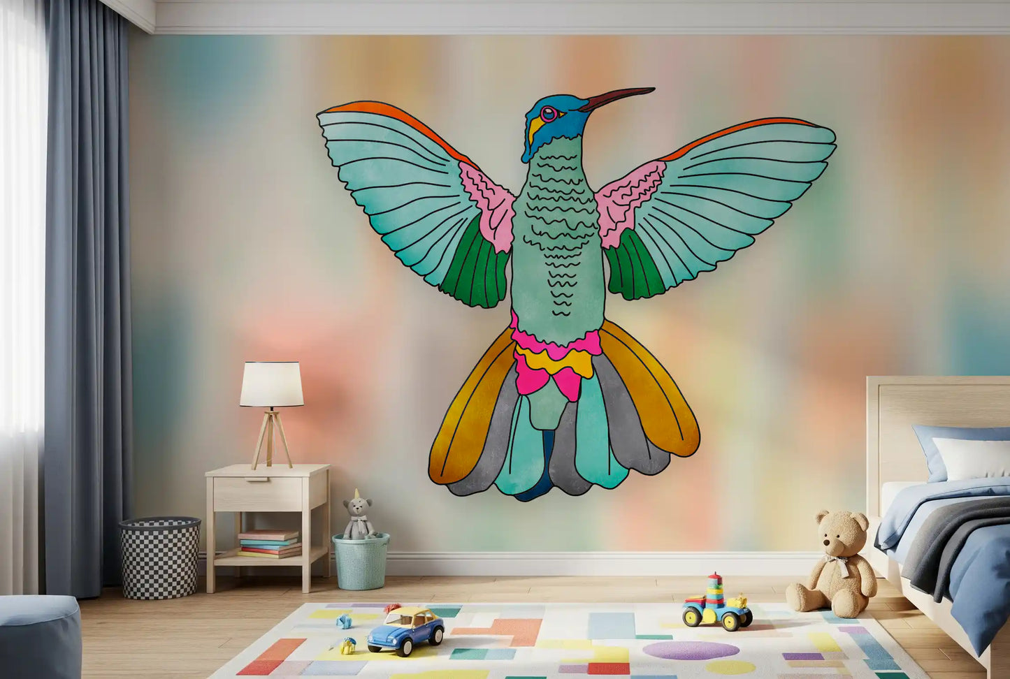 Rainbow wall mural above a soft bedroom backdrop