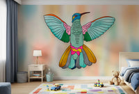 Rainbow wall mural above a soft bedroom backdrop