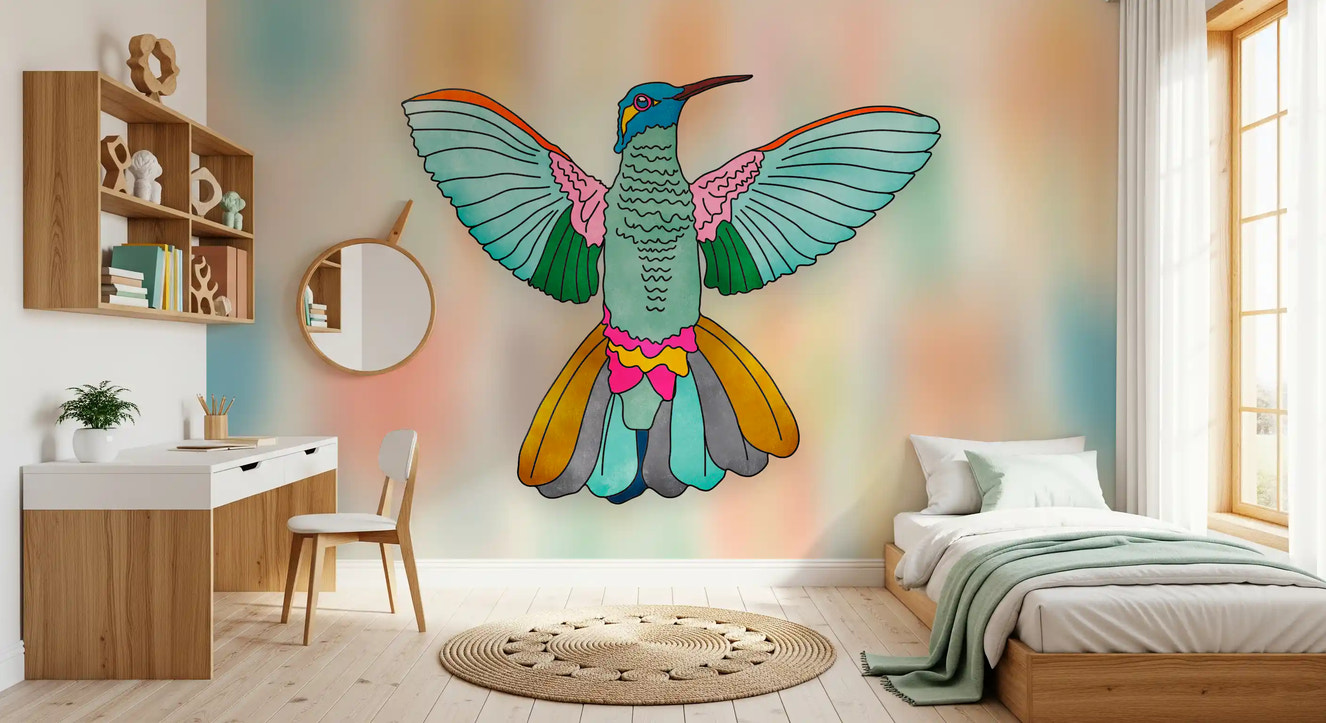 Rainbow Hummingbird wall mural in a soft kids bedroom