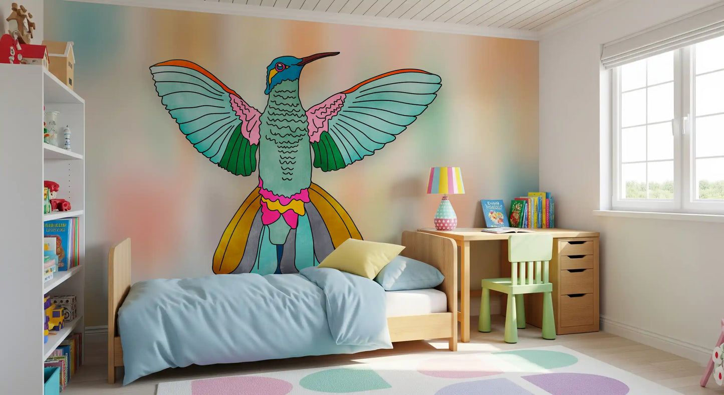 Hummingbird wall mural in a colorful kids room