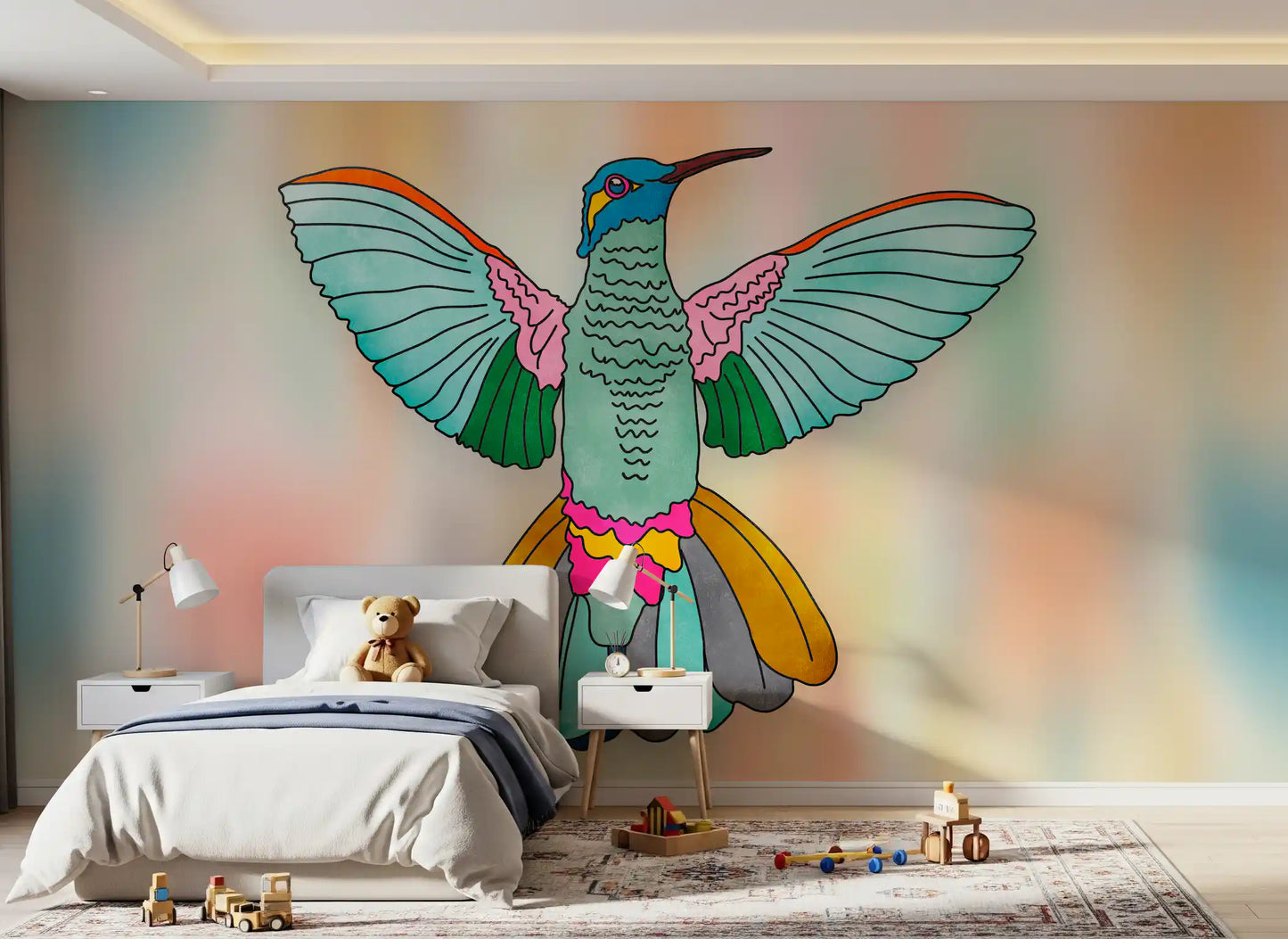 Hummingbird wall mural above a modern bed setting