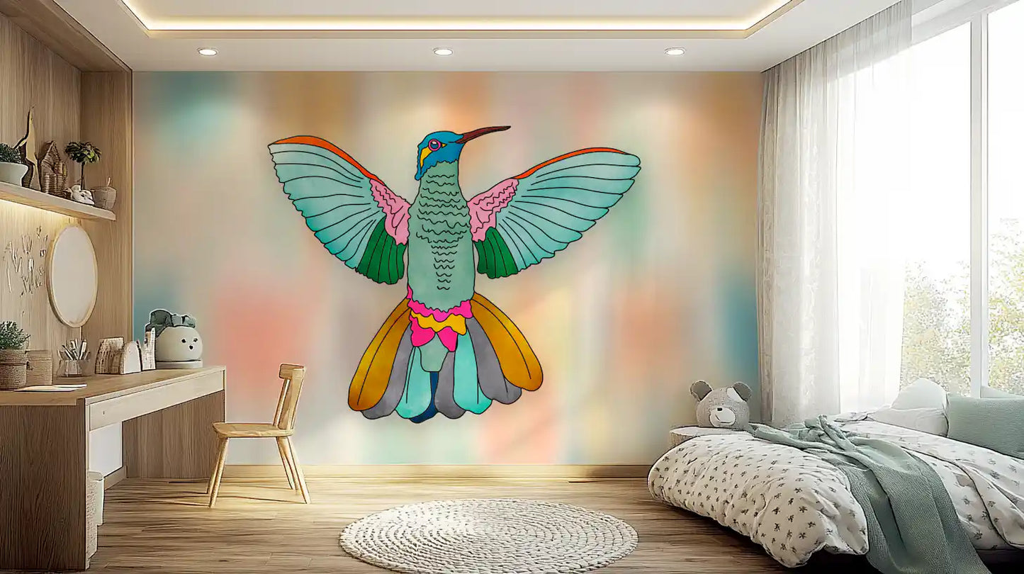 Rainbow wall mural in a bright children’s room