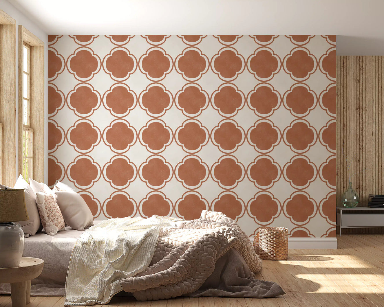 Clay tone geometric wallpaper placed in cozy bedroom feature area