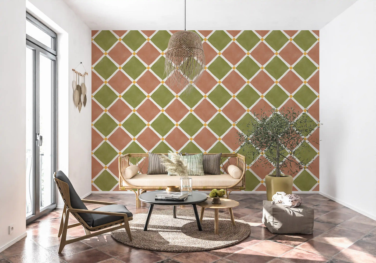 Mediterranean Rustic Checkerboard Aged Decoration - Terracotta - Olive Wallpaper⁠