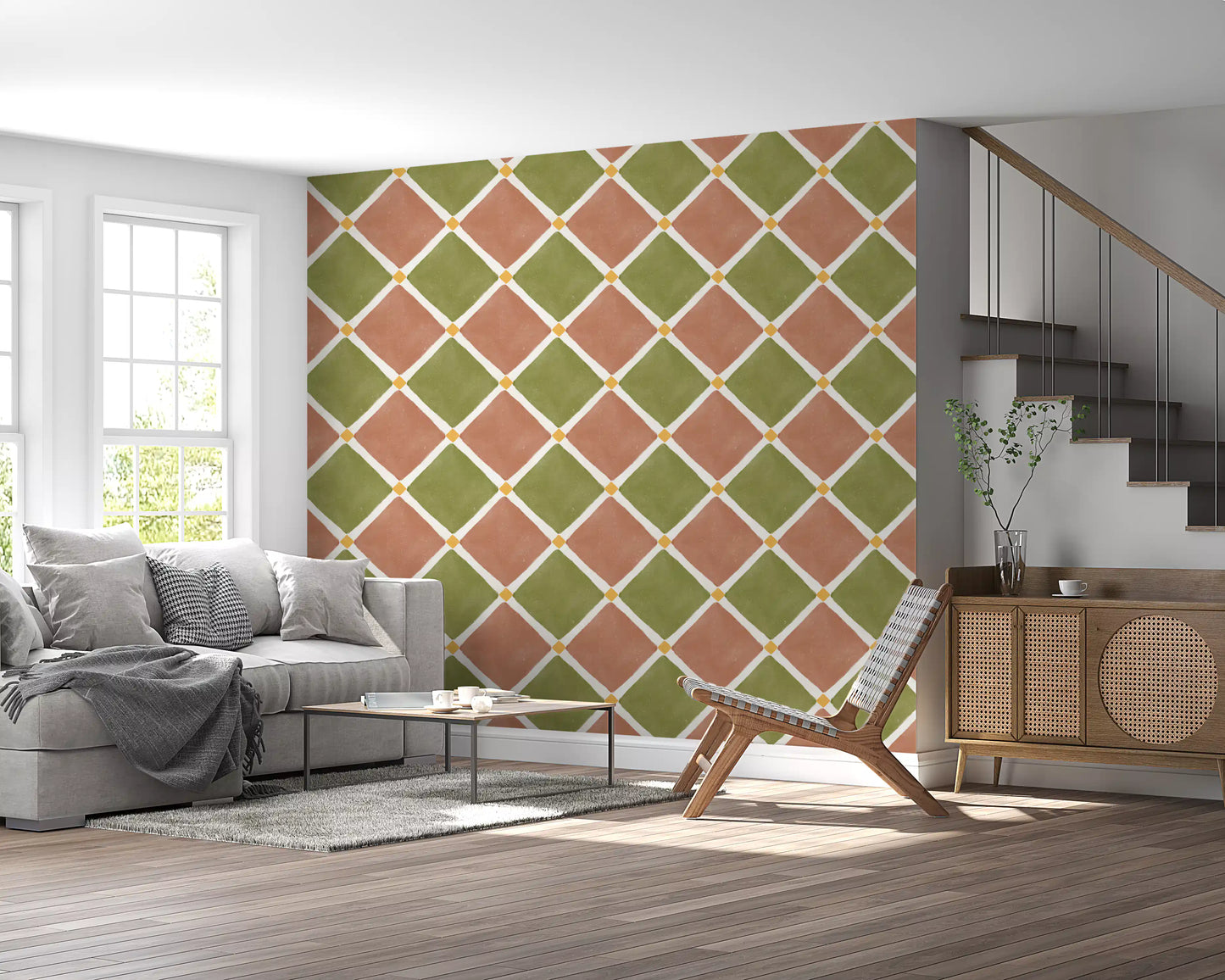 Mediterranean Rustic Checkerboard Aged Decoration - Terracotta - Olive Wallpaper⁠