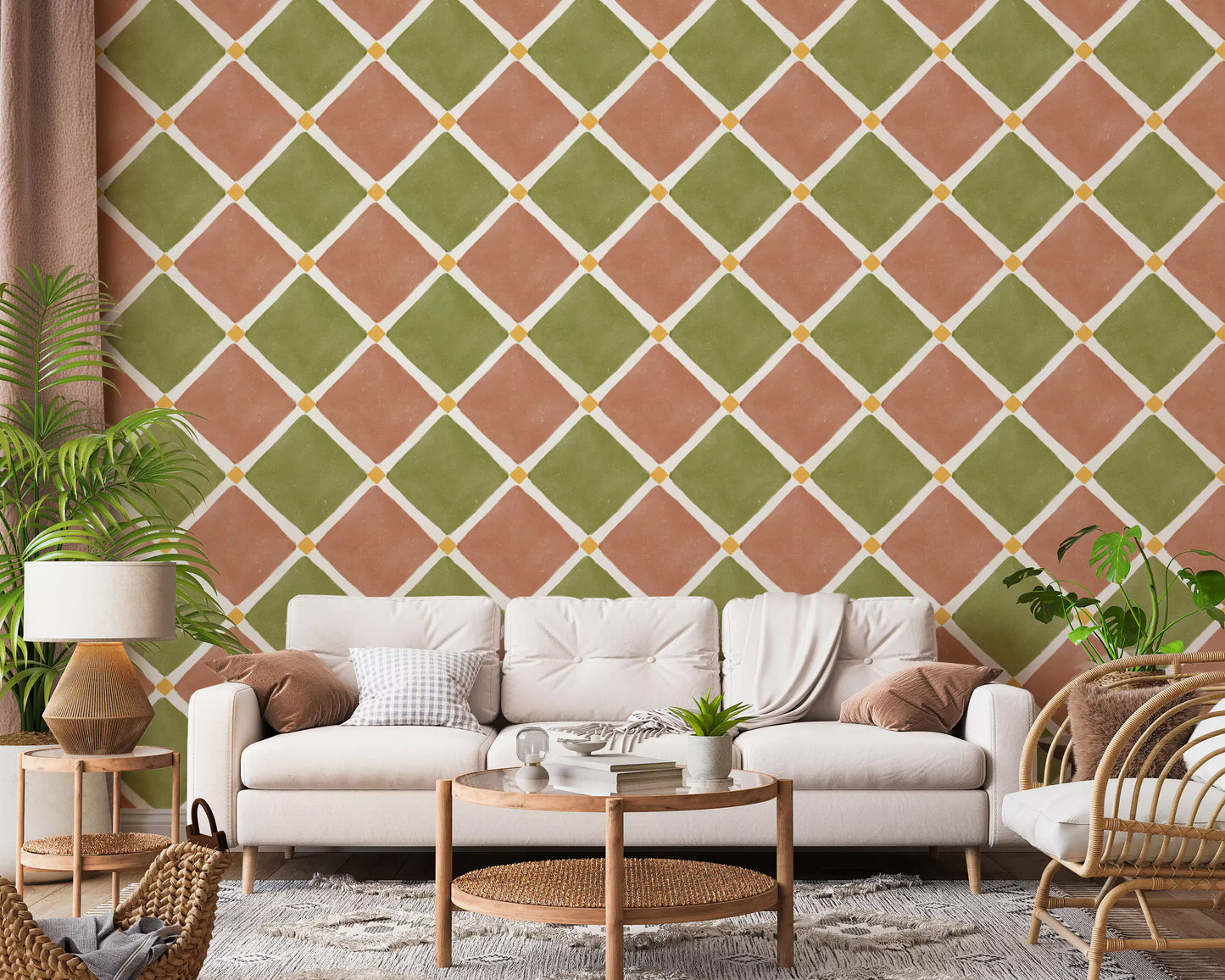 Mediterranean Rustic Checkerboard Aged Decoration - Terracotta - Olive Wallpaper⁠