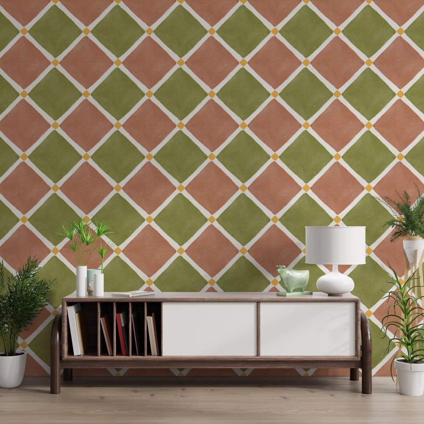 Mediterranean Rustic Checkerboard Aged Decoration - Terracotta - Olive Wallpaper⁠