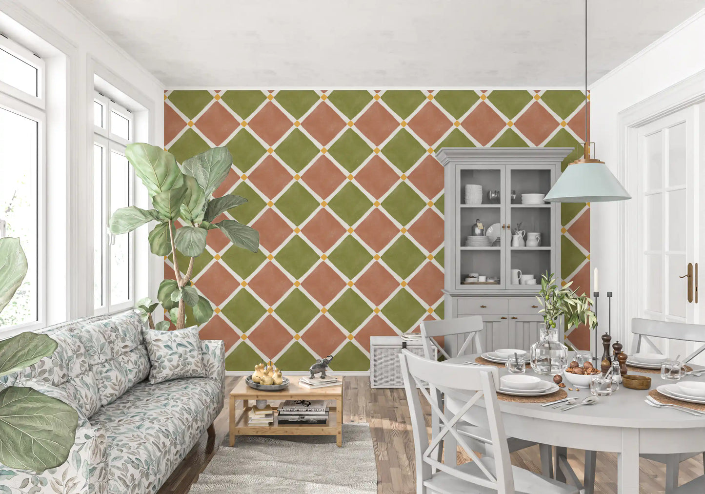 Mediterranean Rustic Checkerboard Aged Decoration - Terracotta - Olive Wallpaper⁠