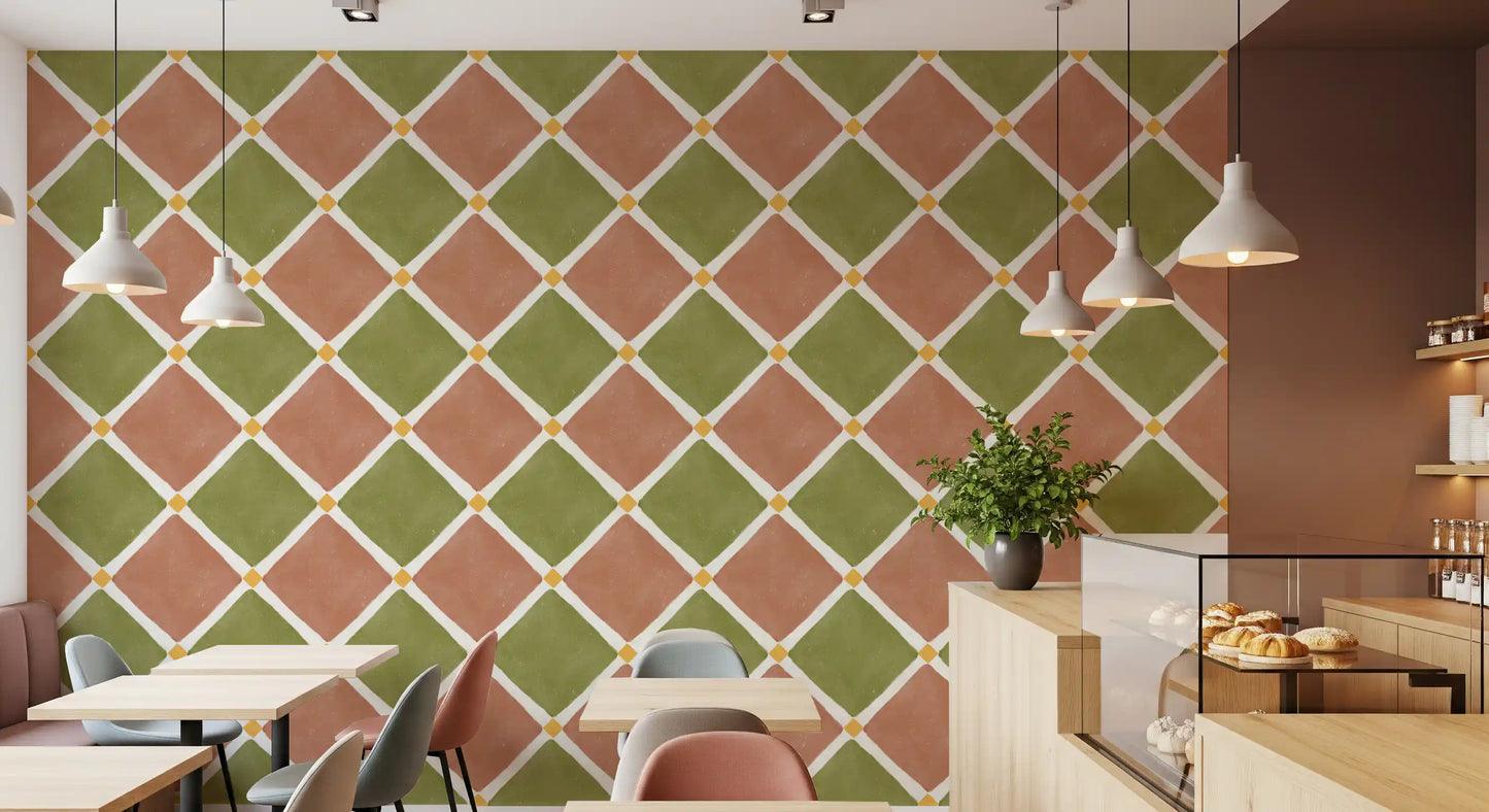 Mediterranean Rustic Checkerboard Aged Decoration - Terracotta - Olive Wallpaper⁠