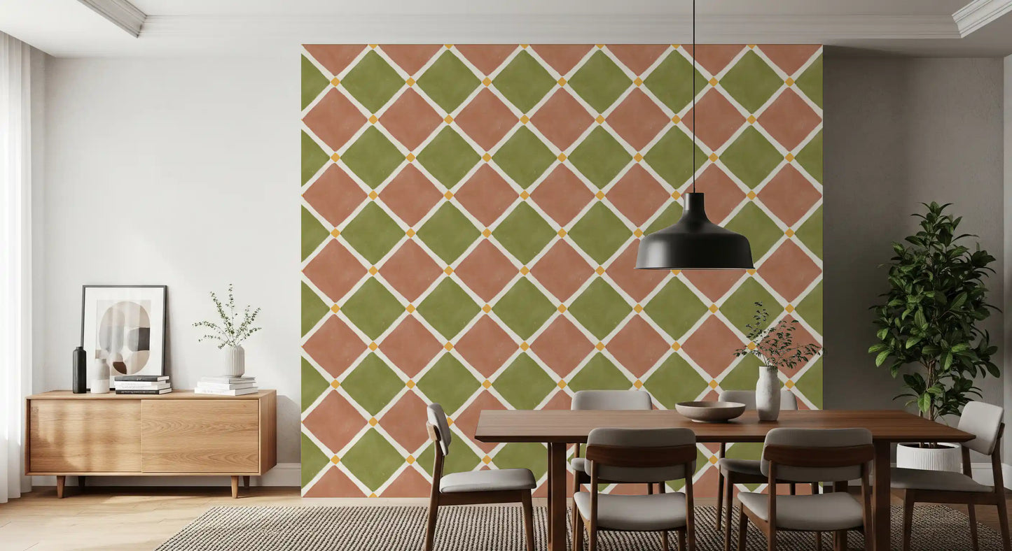 Mediterranean Rustic Checkerboard Aged Decoration - Terracotta - Olive Wallpaper⁠