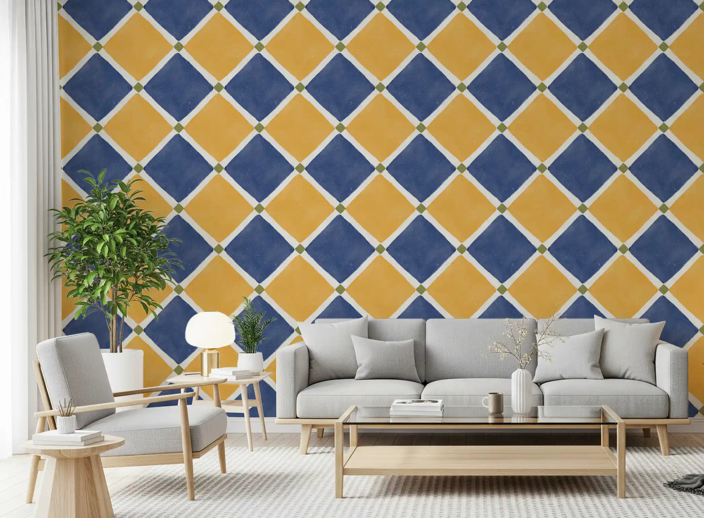 Mediterranean Rustic Checkerboard Aged Decoration - Yellow - Blue Wallpaper⁠