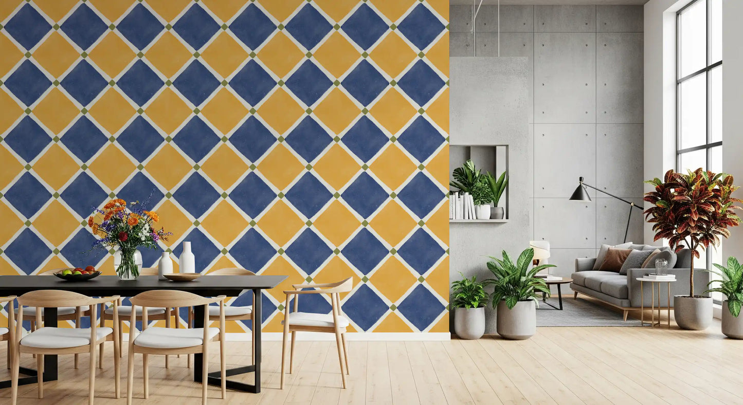 Mediterranean Rustic Checkerboard Aged Decoration - Yellow - Blue Wallpaper⁠