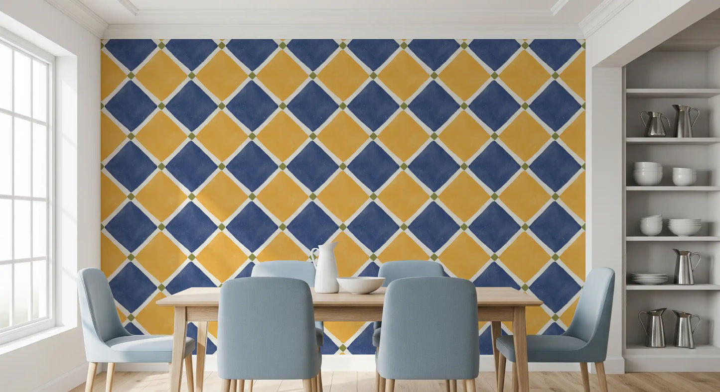 Mediterranean Rustic Checkerboard Aged Decoration - Yellow - Blue Wallpaper⁠