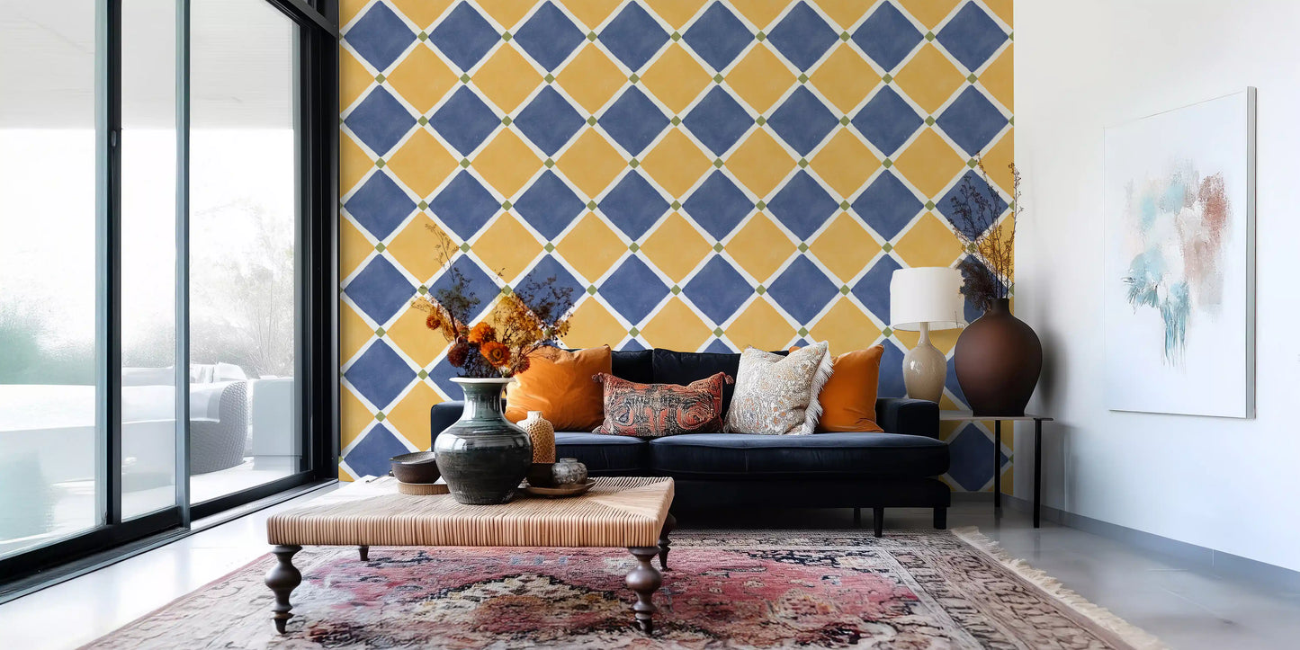 Mediterranean Rustic Checkerboard Aged Decoration - Yellow - Blue Wallpaper⁠