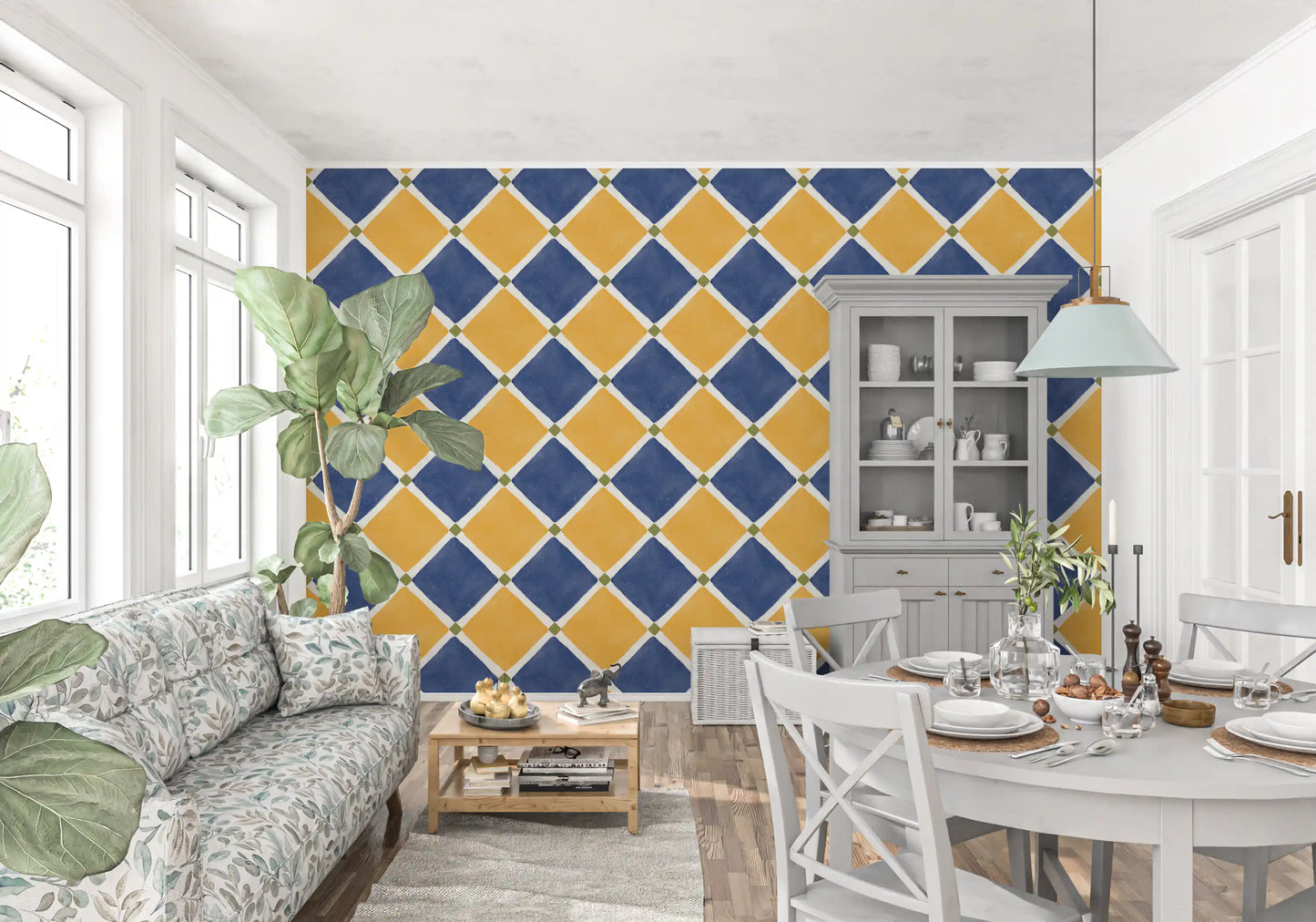 Mediterranean Rustic Checkerboard Aged Decoration - Yellow - Blue Wallpaper⁠
