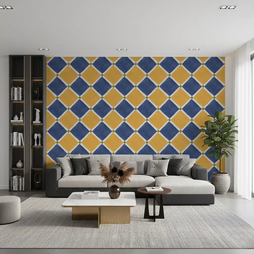 Mediterranean Rustic Checkerboard Aged Decoration - Yellow - Blue Wallpaper⁠