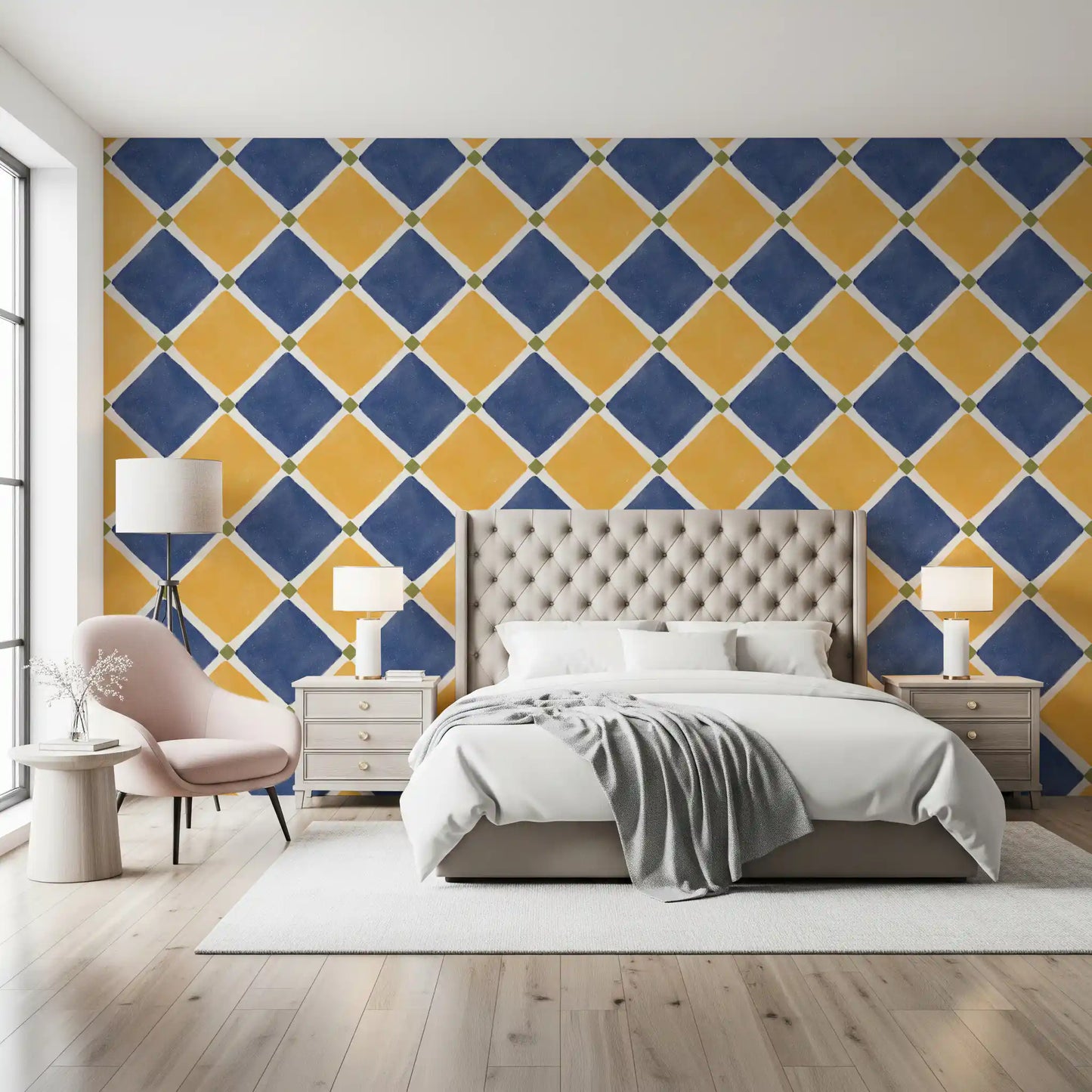 Mediterranean Rustic Checkerboard Aged Decoration - Yellow - Blue Wallpaper⁠