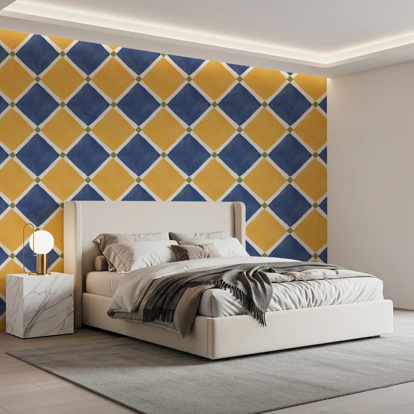 Mediterranean Rustic Checkerboard Aged Decoration - Yellow - Blue Wallpaper⁠
