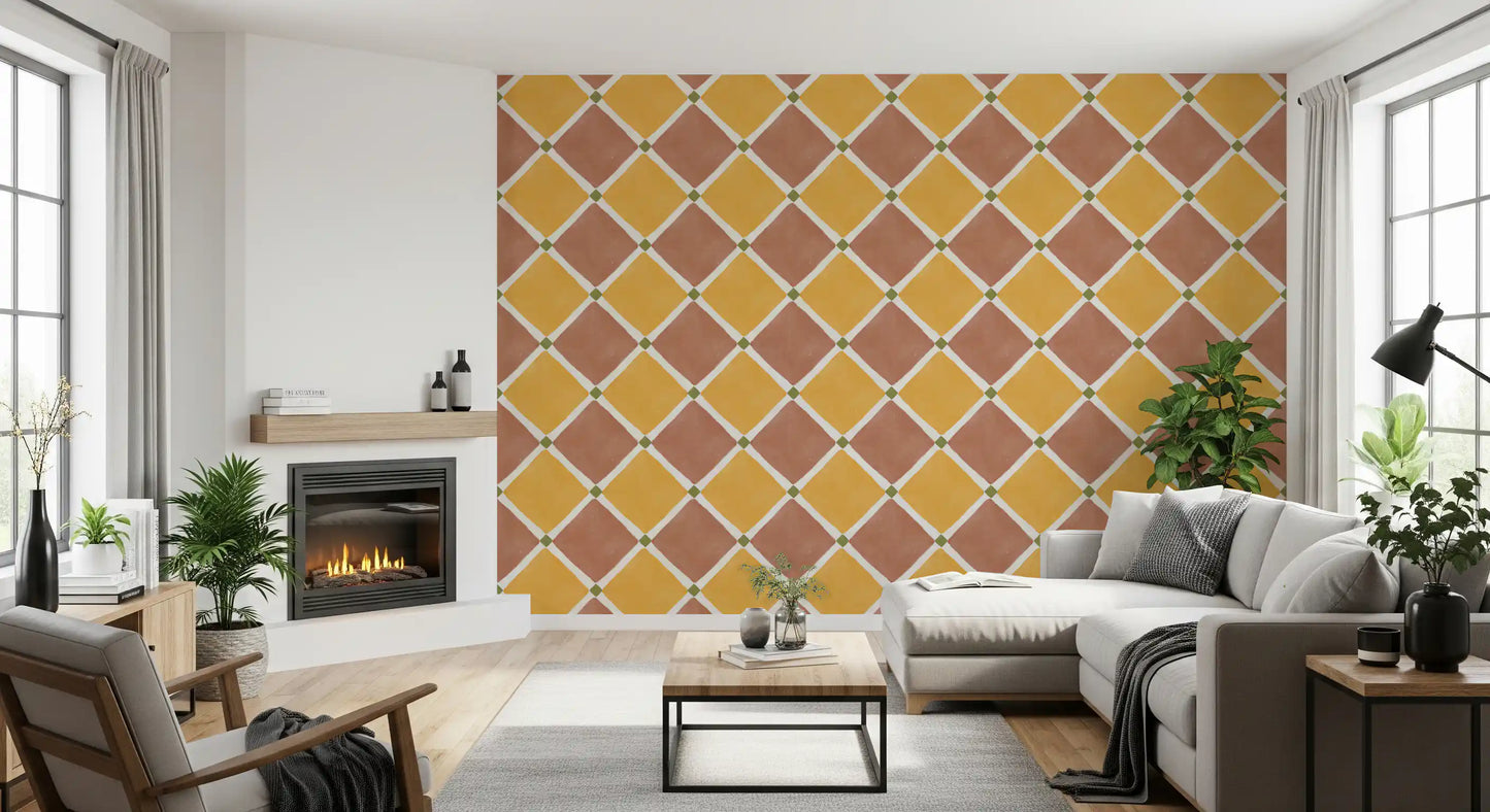 Mediterranean Rustic Checkerboard Aged Decoration -  Terracotta - Yellow Wallpaper⁠