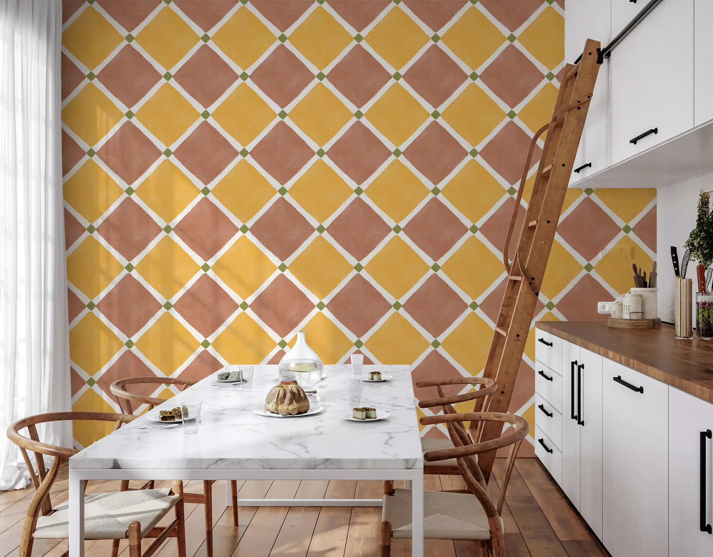 Mediterranean Rustic Checkerboard Aged Decoration -  Terracotta - Yellow Wallpaper⁠