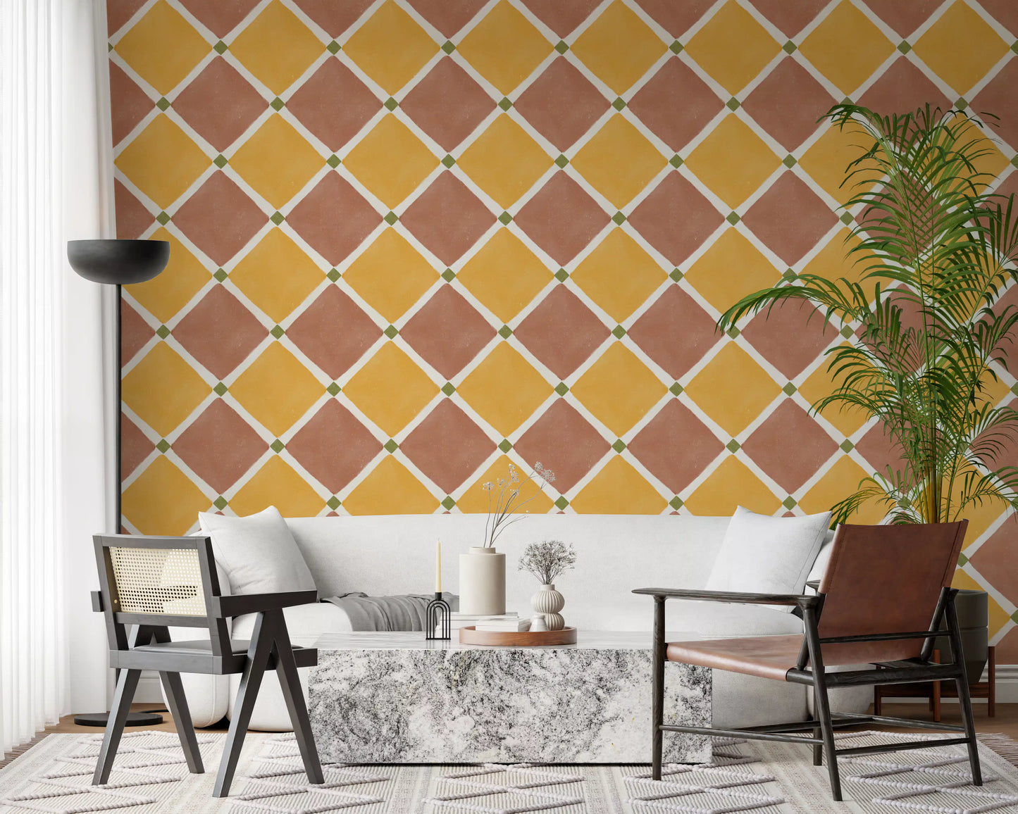Mediterranean Rustic Checkerboard Aged Decoration -  Terracotta - Yellow Wallpaper⁠