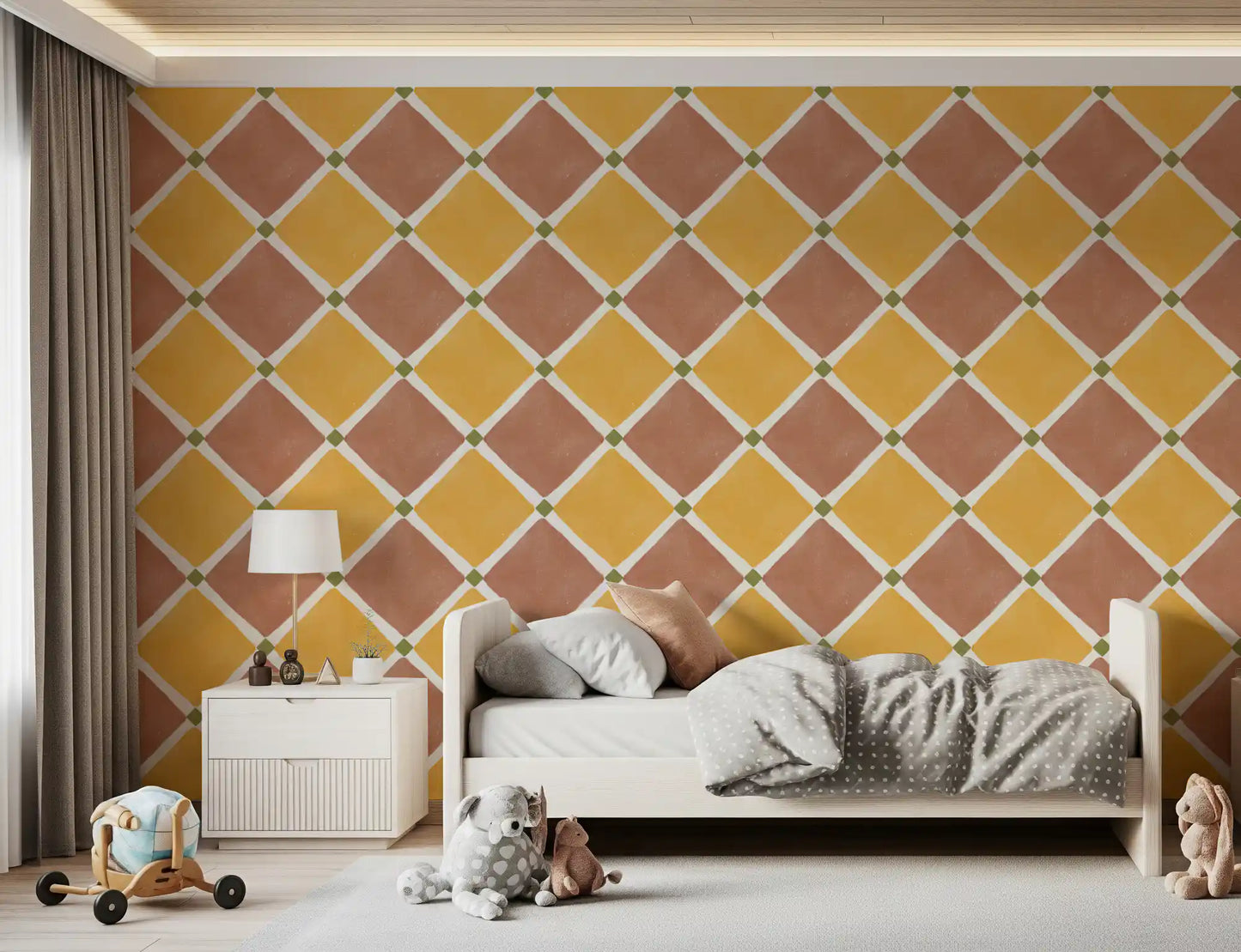 Mediterranean Rustic Checkerboard Aged Decoration -  Terracotta - Yellow Wallpaper⁠