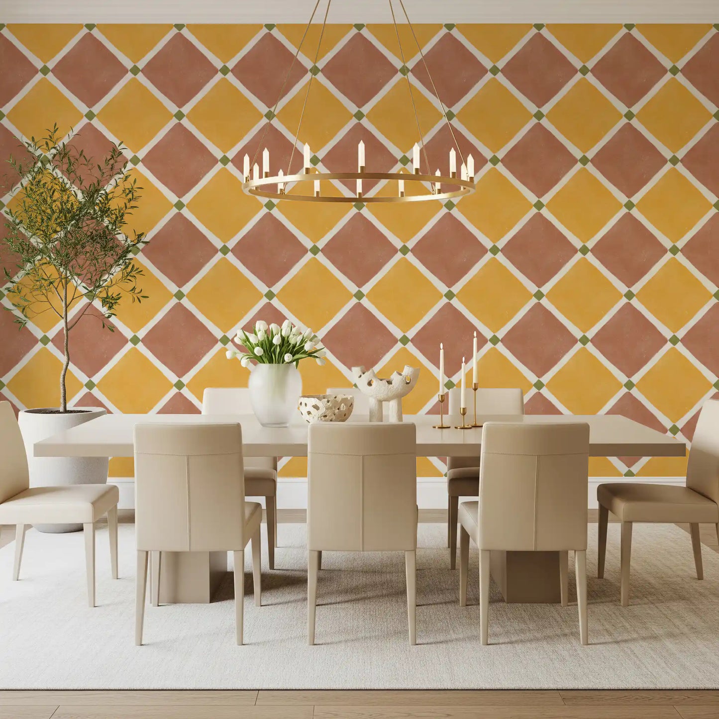 Mediterranean Rustic Checkerboard Aged Decoration -  Terracotta - Yellow Wallpaper⁠