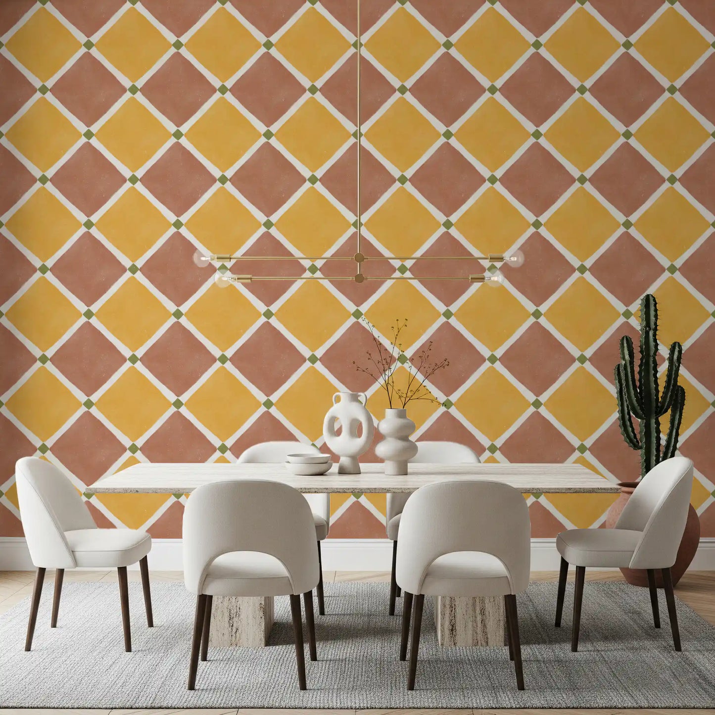 Mediterranean Rustic Checkerboard Aged Decoration -  Terracotta - Yellow Wallpaper⁠